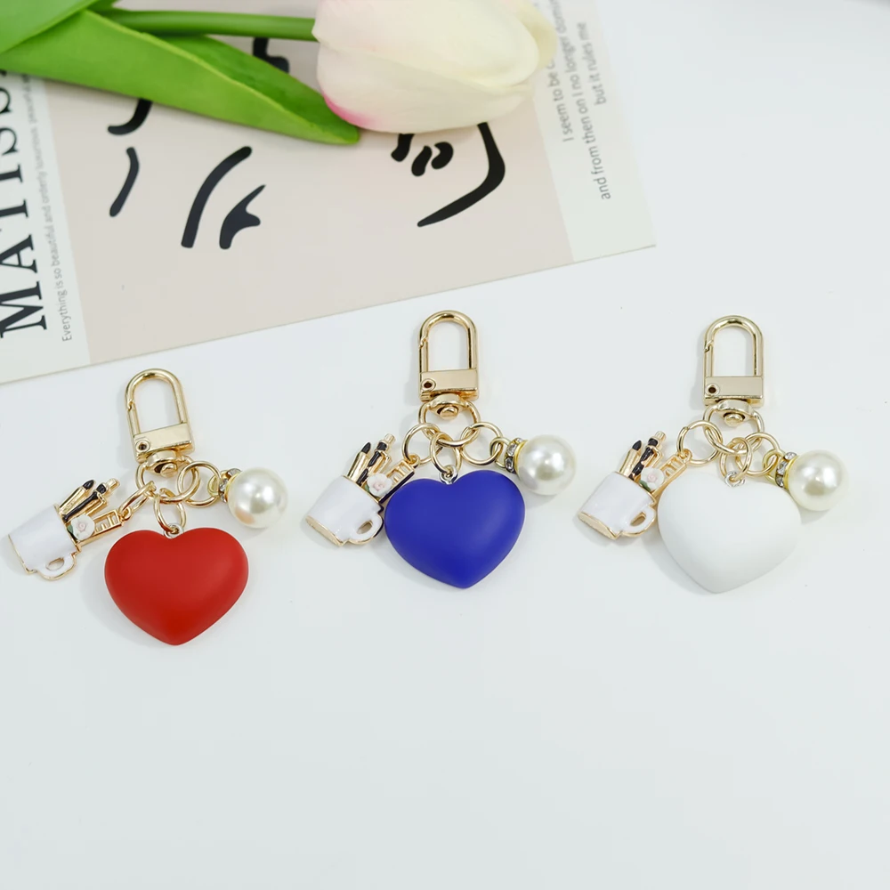 Simple Heart Shape Keyring Colorful Love Keyring With Pearl Pen Container Pendant Women Men Souvenir Gift For Car Key Chains