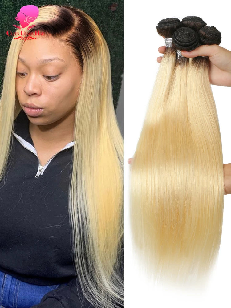 Ombre Blonde Hair Bundles Brazilian Human Hair Weave Bundles Remy Hair Extension Black Roots 1B 613 Straight Human Hair Bundles