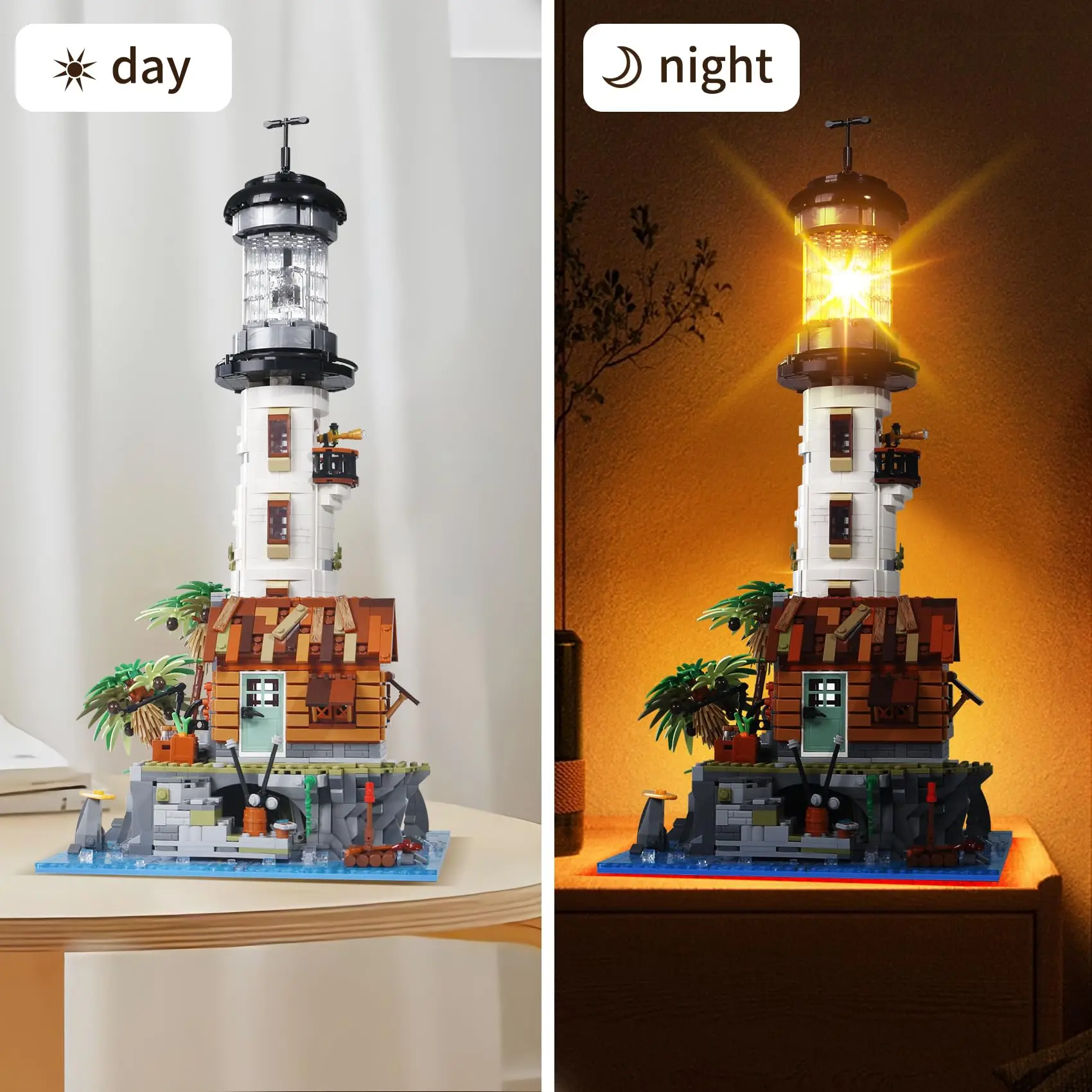 Creative Fisherman Cabin Lighthouse Building Blocks Street View Sea Tower Model Bricks With Light Puzzle Toys Gift for Kid Adult