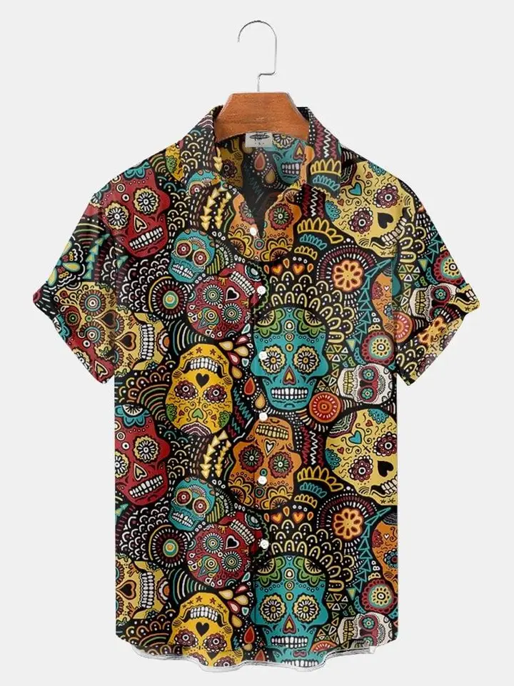 Camisa hawaiana nueva para hombre, calavera, impresión 3D, manga corta, casual, con botones, extragrande 3