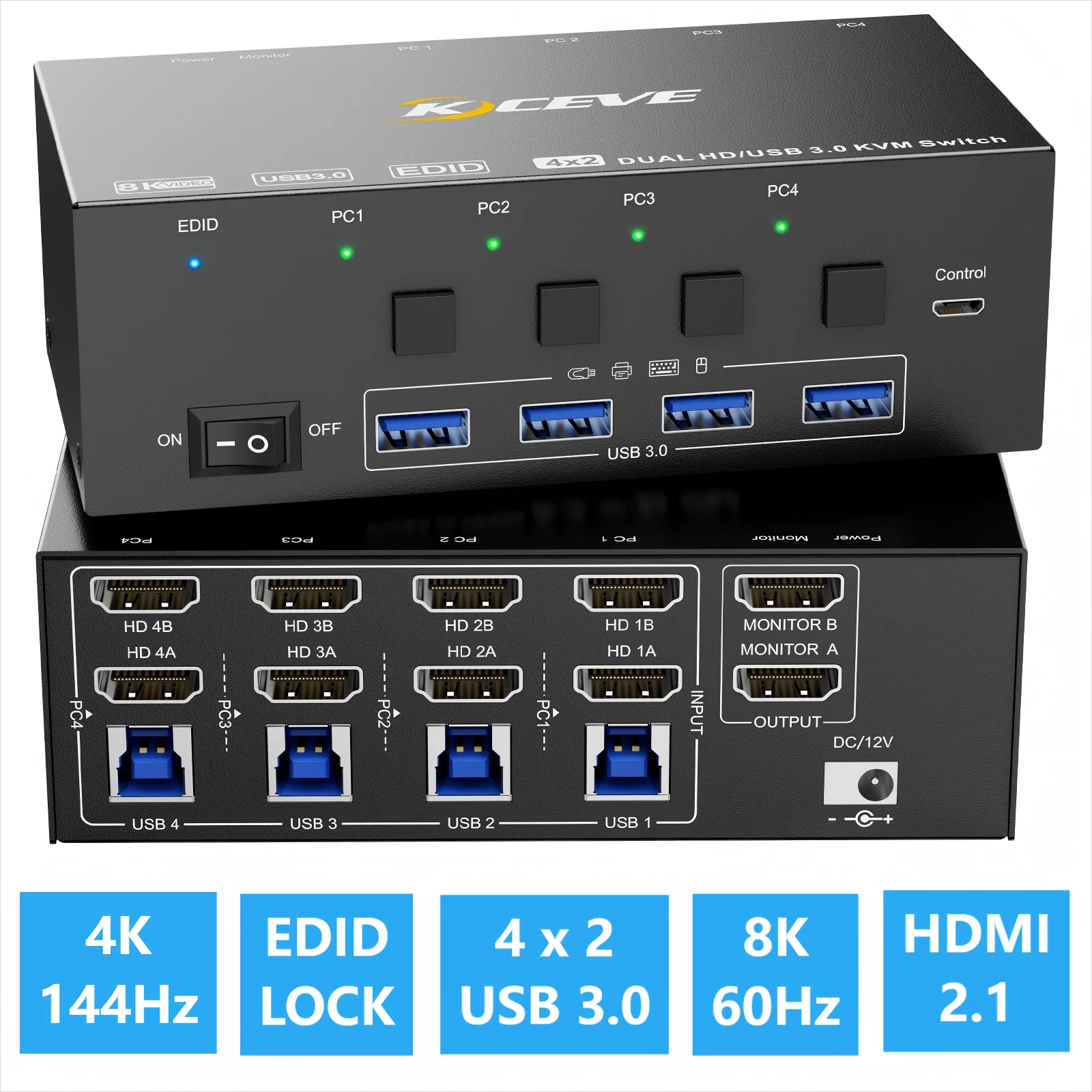

KCEVE 8K KVM Switch HDMI 4 Port 4K 120Hz USB 3.0 KVM Switch 4 PC 1/2 Monitor EDID Emulator One/Dual Monitor Share Keyboard Mouse