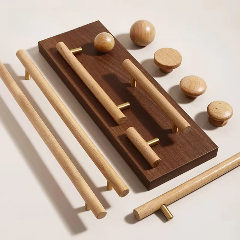 Nordic Walnut Wood Handle T Bar Drawer Knob Cupboard Long Pulls Kitchen Cabinet Handle Furniture Decorate Pulls and Knob