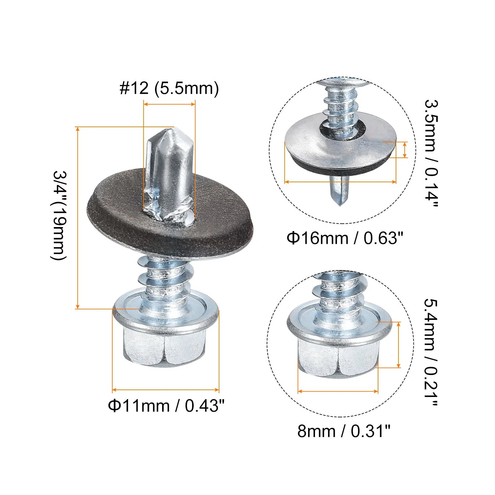 #12 xSelf Drilling Screws with Rubber Washer Zinc Plated Steel Roofing Screws Hex Head Self Tapping Screws with EPDM Washer