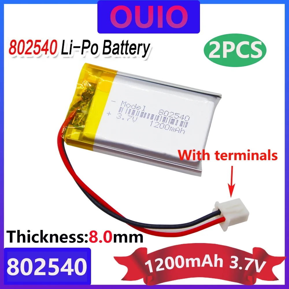 2 PCS 3.7v Rechargeable 802540 with Terminal Lithium Ion Polymer Lithium Battery Pcb Rechargeable 1200mAh Replacement Battery