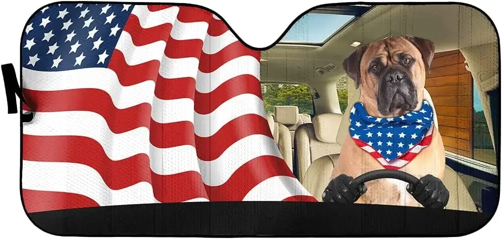 Bullmastiff Dog Driving Left Hand with America Flag Car Sunshade Auto Sun Shade, Windshield Visor for UV Sun Block,