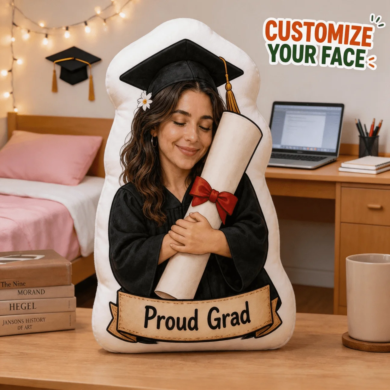 Custom Personalized Photo Graduation Shaped Pillow, Graduation Look Custom Picture Decorative Cushion, 70CM Large Size Home Deco