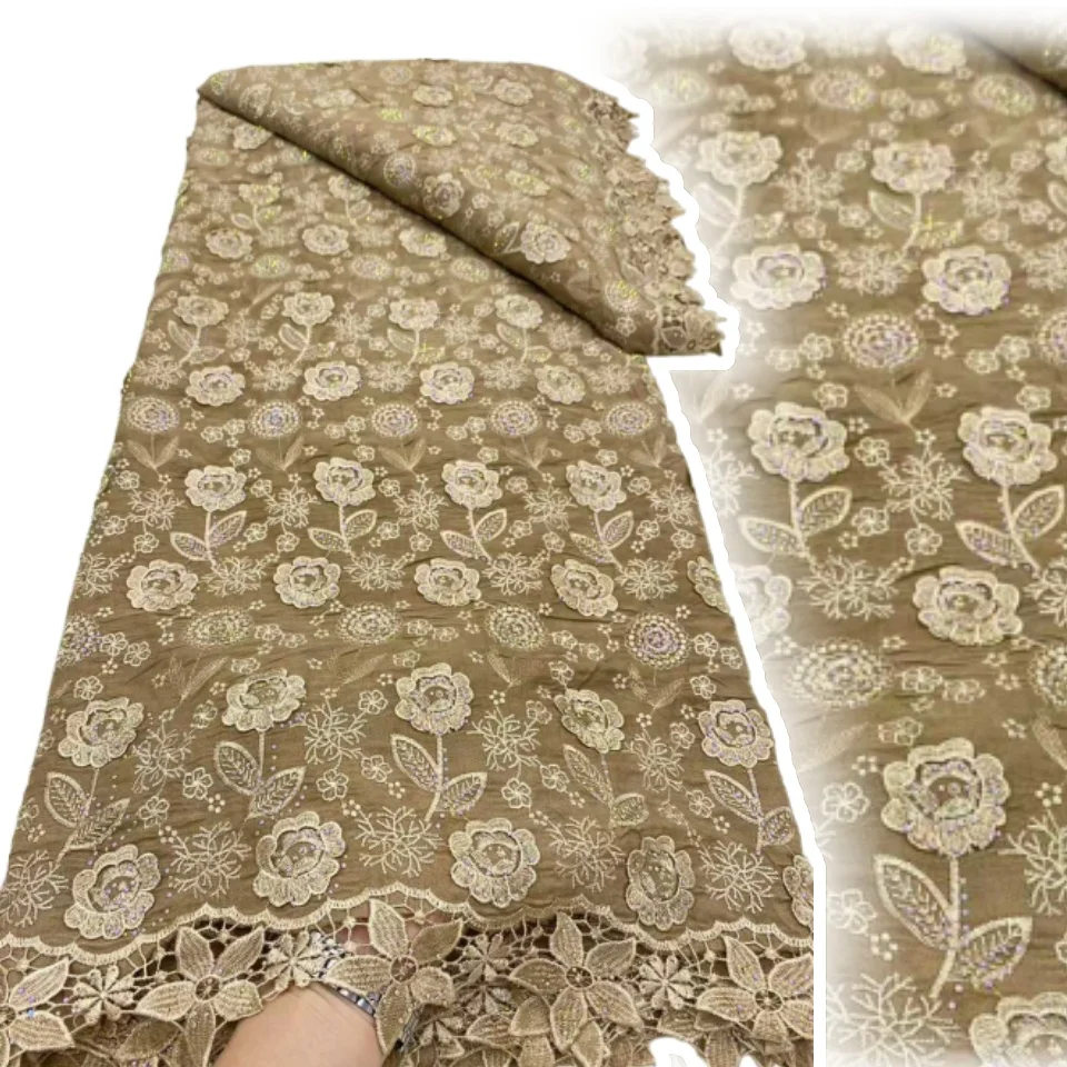 

African Lace Fabric 5 Yards High Quality 2025 Nigerian Chiffon Guipure Lace Fabrics White Stone Fabric for Wedding Dress SZ1254