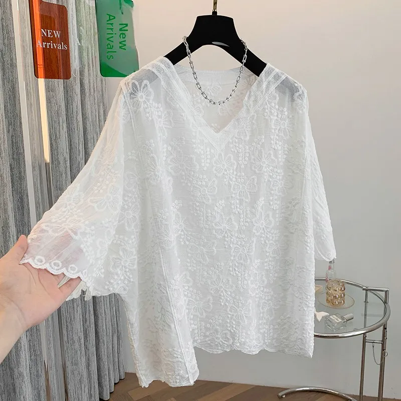 

Новая летняя хлопковая футболка больших размеров с v-образным вырезом для похудения, повседневная универсальная крутая футболка ort Sve с вышивкой, свободный крой для поездок на работу