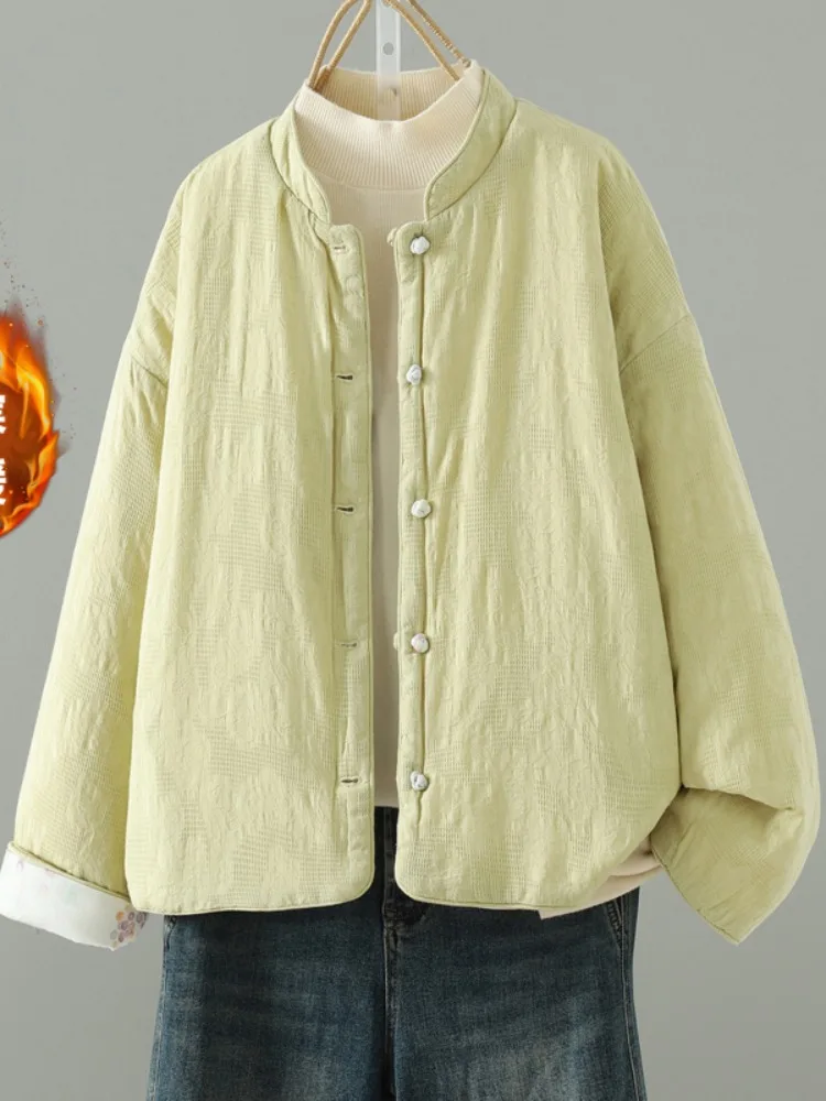 

Двусторонняя одежда Young Sle, новый китайский хлопковый дэт с воротником-стойкой на пуговицах, женский зимний свободный теплый хлопковый льняной костюм...