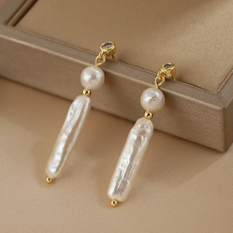 Minar Delicate Round CZ Cubic Zircon Freshwater Pearl Beads Tassel Long Dangle Earrings for Women 14K Real Gold Plated Copper