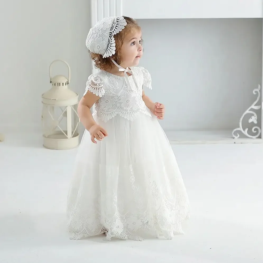 White Lace Baby Girls Baptism Dress with Bonnet Flower Christening Gown for Birthday Party Holiday Newborn Girls