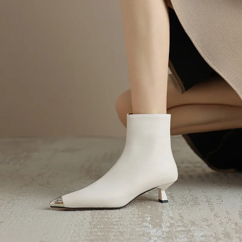 2024 Autumn Women Boots Modern Boots Women Shoes Pointed Toe Thin Heel Retro Ankle Boots High Heels Winter Ladies Shoes White