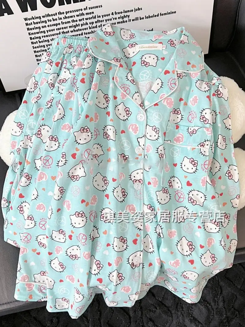 Sanrio Female Long Sleeves Leisure Wear Suit Spring Kawaii Hello Kitty Comic Student Easy Cardigan Pajamas Fashion Clothing Kit