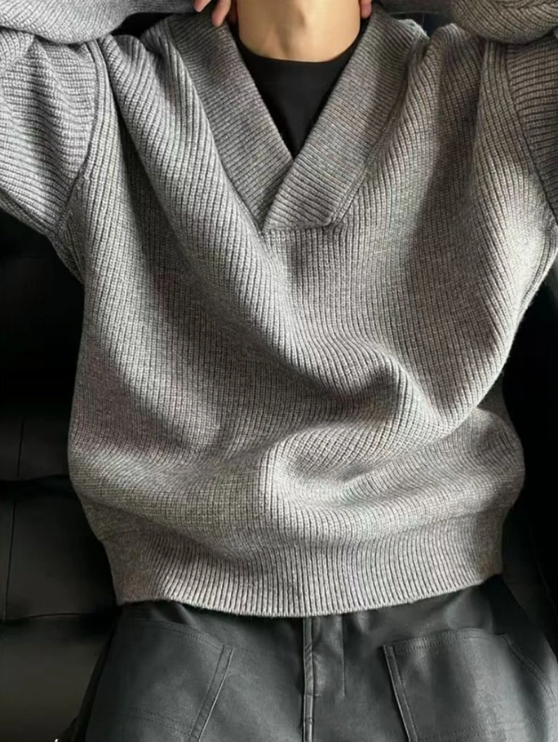 

American Retro Solid Color V-neck Fashion Loose Gray Sweater Men New High Street Fashion Casual Punk Sweater Women