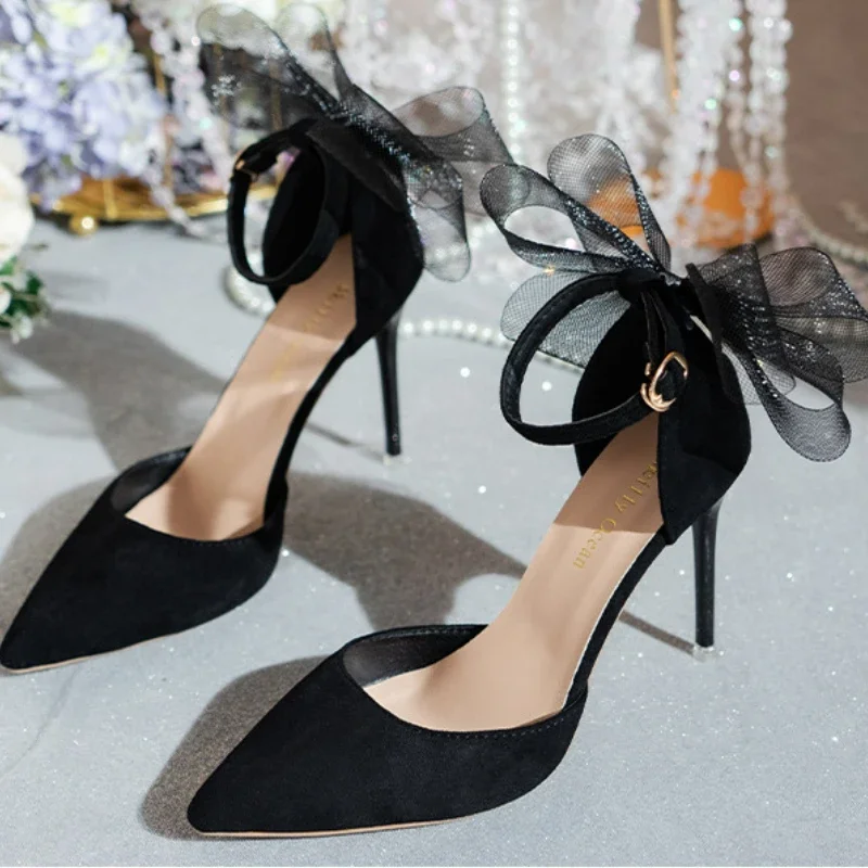 Women Shoes Pointed Toe Ankle Buckle Strap Stilettos Ladies High Heels Party Shoes Net Yarn Big Bow Heel Pumps Chaussure Femme