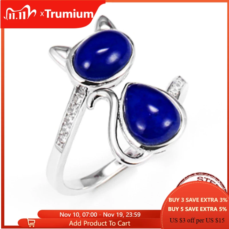 

Trumium 100% S925 Sterling Silver Cat Open Rings for Women Girl Gift Sterling Silver Lapis Lazuli Stone Ring Fine Jewelry