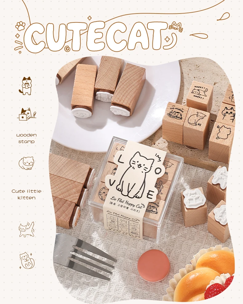 9-teiliges Set aus niedlichen Katzen-Stempeln aus Buchenholz, Cartoon-Katzen-Holzstempel für Journal-DIY-Dekoration – Detail 3