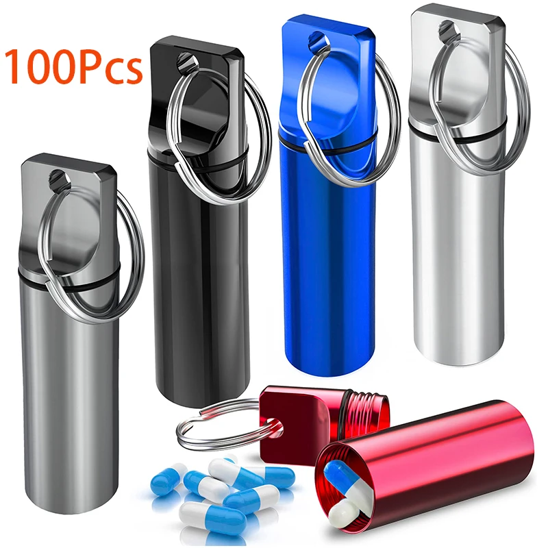 

100Pcs Aluminum Keychain Pill Holder Medicine Container Fob with Key Ring Making It a Travel Pill Box Case