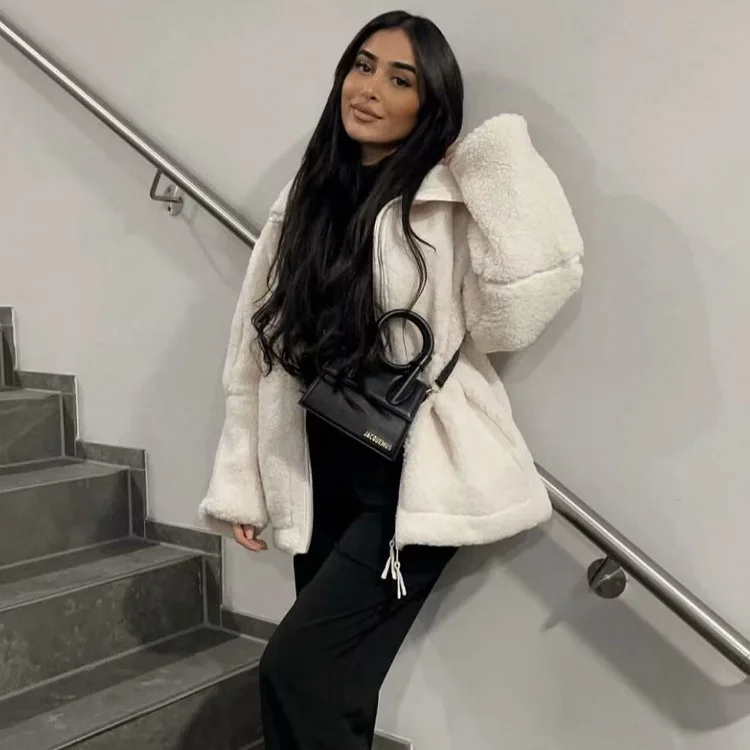Witte Mode Rits Lamswollen Jas voor Vrouwen Chique Revers Lange Mouw Losse Cropped Jas Vrouwelijke Herfst Winter Casual Uitloper 2025
