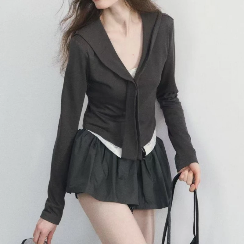 

Y2k Эстетические кружевные лоскутные футболки с матросским воротником, искусственные двухсекционные однобортные футболки, осенние женские облегающие топы в стиле гранж