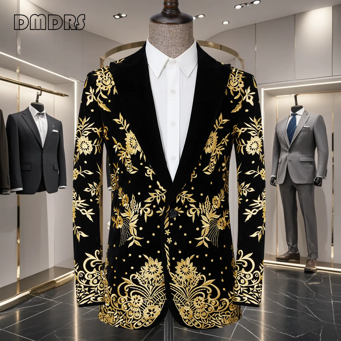 Golden Handmade Embroidery Suit Jacket for Men, XS-3XL Men's Formal Suit Blazer, Classic Notched Lapel One Button Blazers