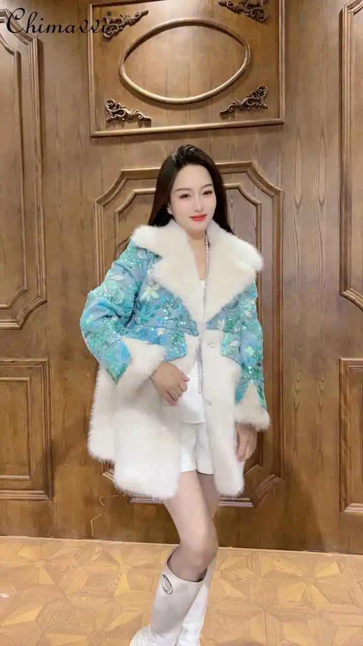 Autumn and Winter New High-End Luxury Contrast Color Sequined Long-Sleeved Fur Coat Fashion Loose Warm Elegant Faux Fur Jacket