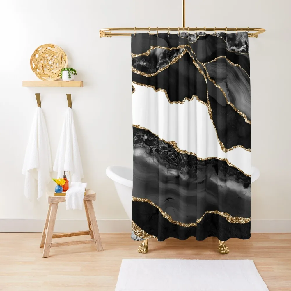 

Glam Black, Gold, and White AgateShower Curtain Bathroom Shower Curtains Anti-Mold Waterproof Shower Curtain