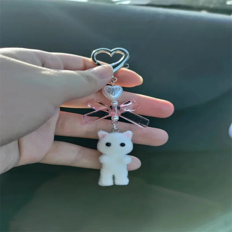 Cute Fuzzy Kitty Cat Heart Bow Keychain, Kitten, Kawaii, Pink Bow, Pearl Heart