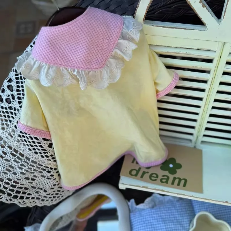 

Korean Sweet Pink Yellow Puppy Dog Cats Clothing Spring Summer Simple T-shirts For Small Medium Dog Pet Clothes Poodle XS-XXL