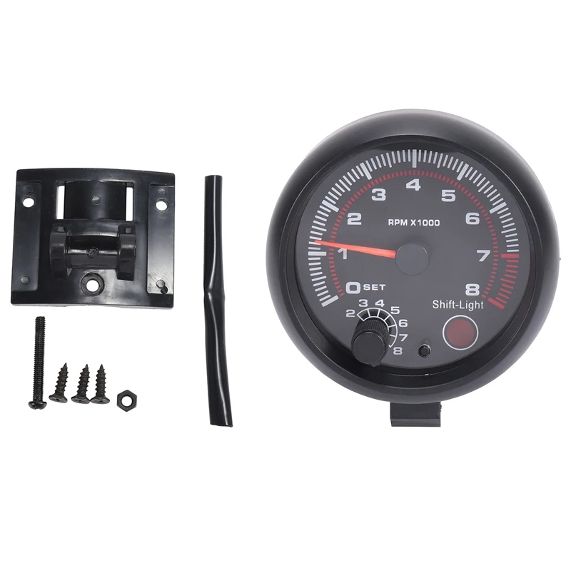 Universal 3.75 inch 12V White LED Backlit Tachometer Gauge with Red Shift Light for Auto Gasoline Car, 0-8000 RPM