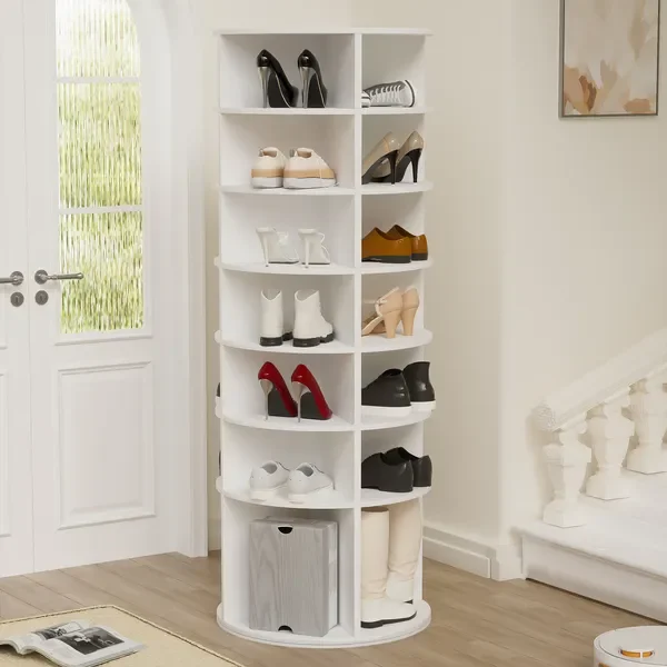 

7-Tier Rotating Shoe Rack, 360° Spinning Organizer, Fits 28 Pairs, Free Standing White