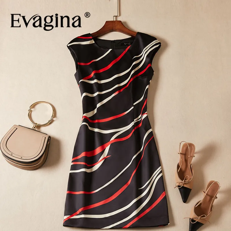 

Evagina New Fashion Runway Designer Dress Women's Sleeveless Striped Print High Street Black S-XXL Mini Dresses