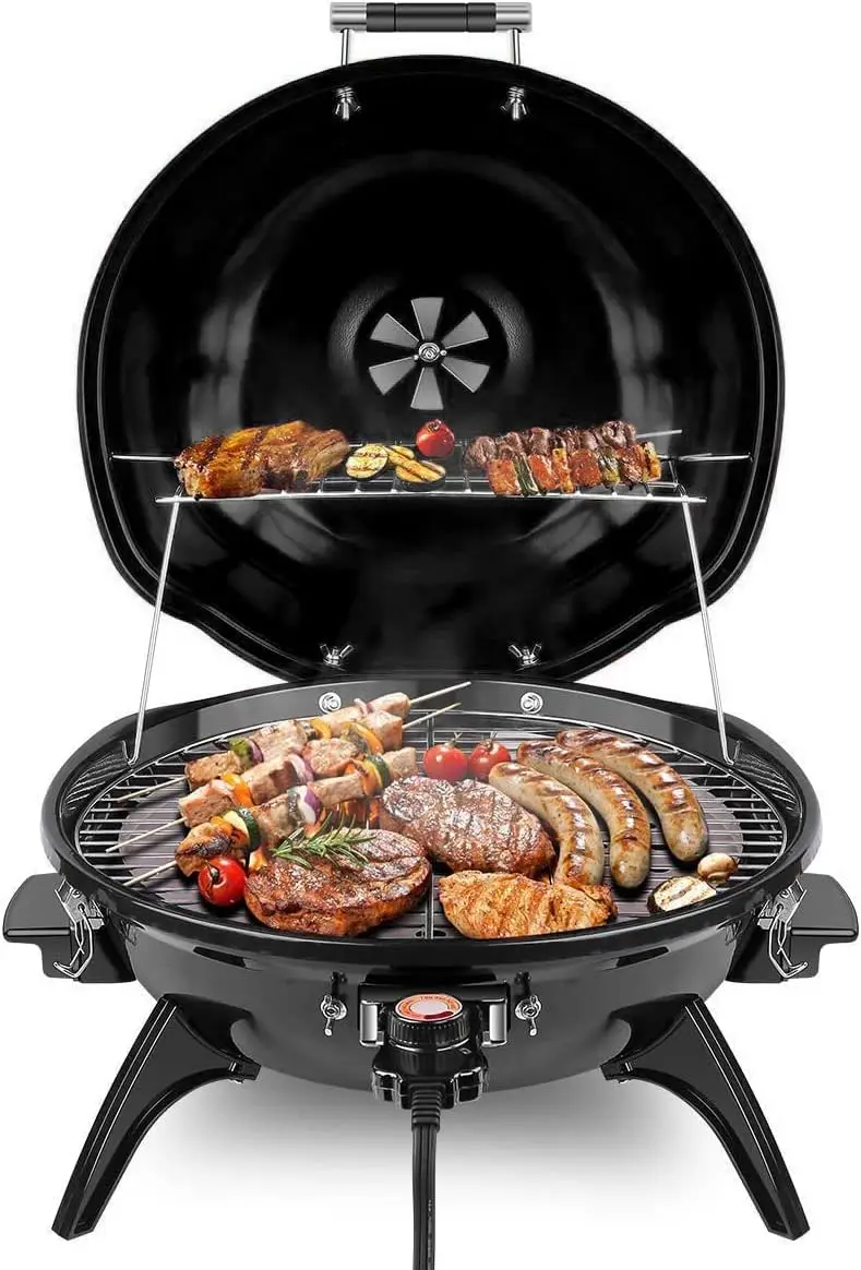 

Outdoor Electric BBQ Grill for 15 Servings, Double Layer Design with Portable Removable Stand, 1600W Countertop Black, Perfect for Party, Patio & Backyard