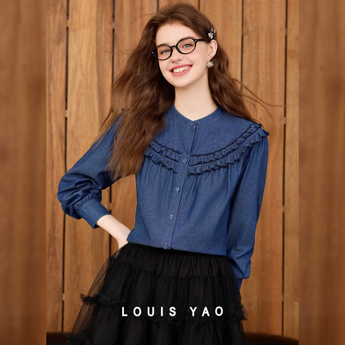 

Double-layer Flounced Edge Women's Shirts 2025 Autumn Top Stand-up Collar Single-breasted Long-sleeved Blouses Women's Clothing
