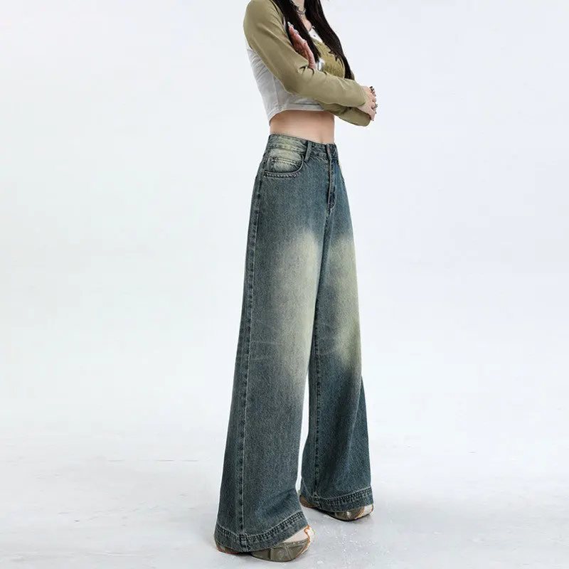 여성용 럭셔리 레트로 하이웨이스트 청바지 |   봄 가을 아메리칸 스트리트 스타일 슬림 루즈 와이드 레그 바지
