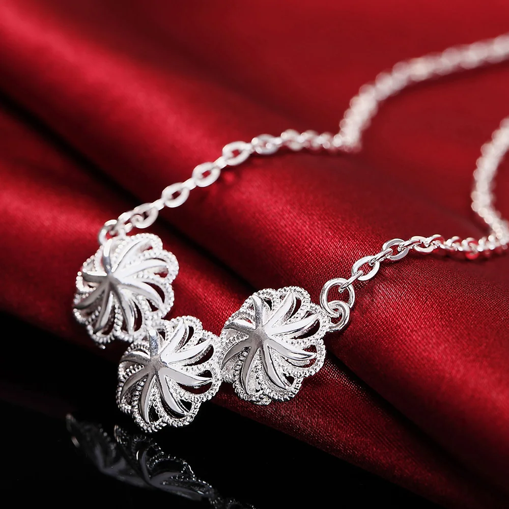 

925 Sterling Silver Necklace Women Jewelry 18 Inches Beautiful Three Flowers Pendant Fashion Christmas Gifts Wedding Party