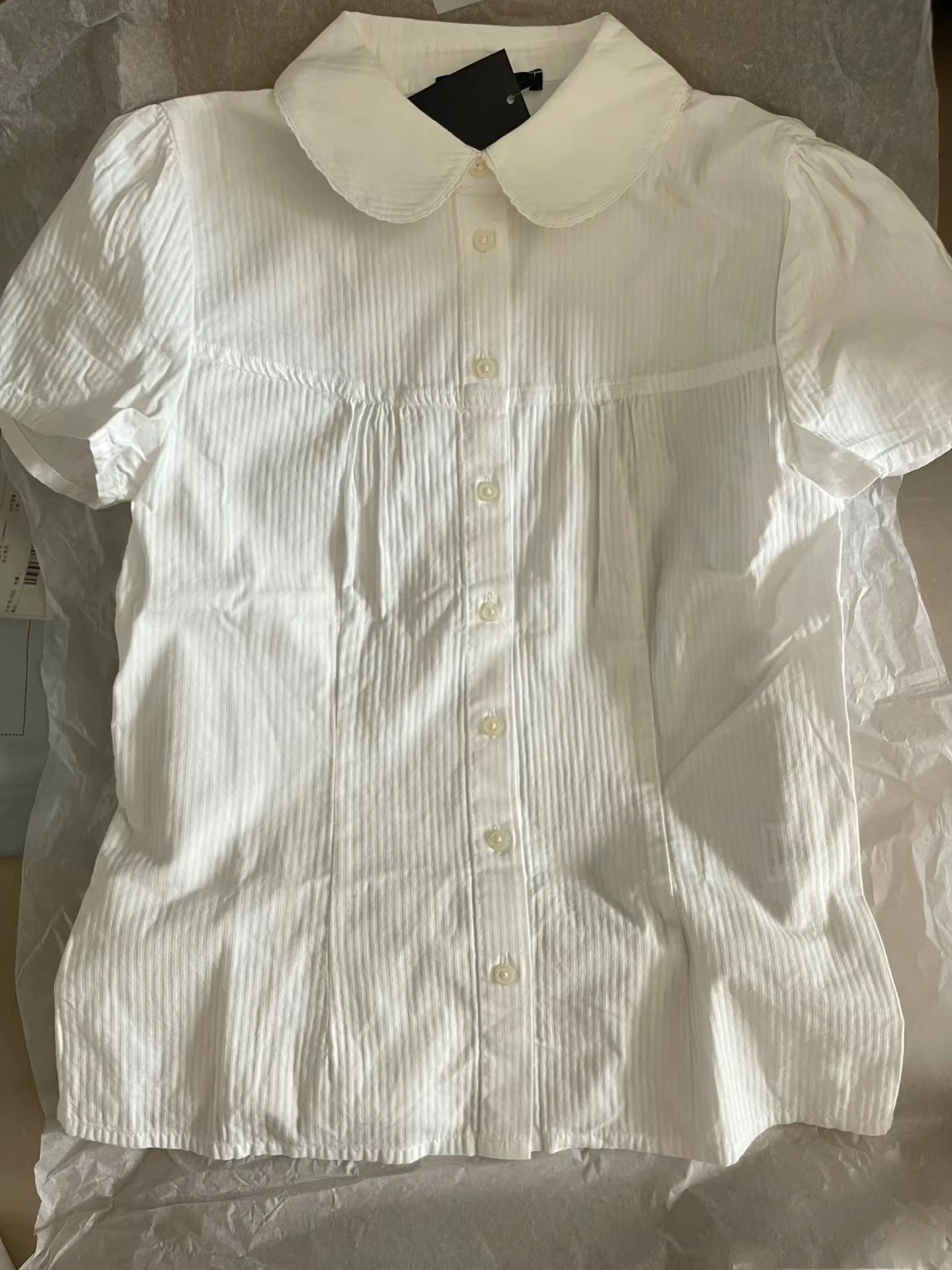 Blusa de manga corta ajustada a rayas blancas para mujer, camisa con cuello Peter Pan y una botonadura, Top de algodón de verano, camiseta dulce de estilo Preppy
