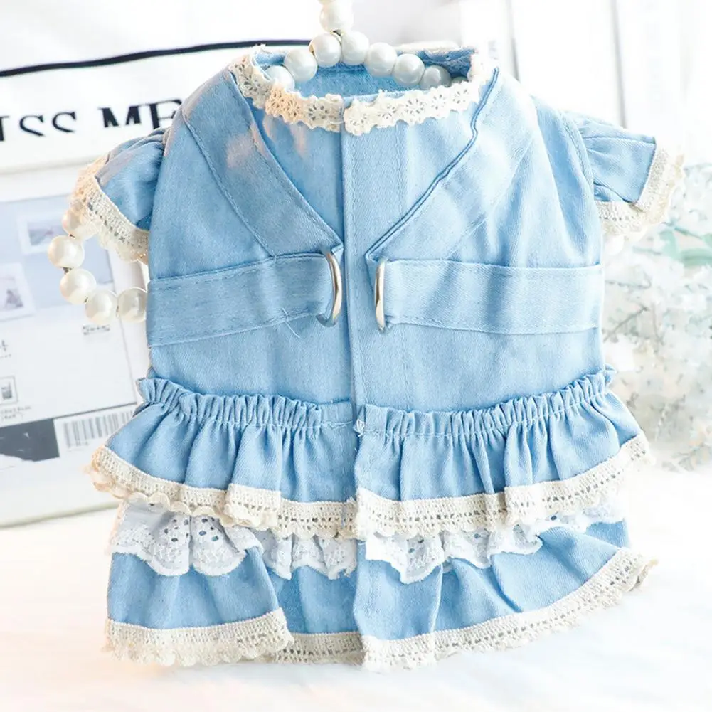 Pet Dress Ruffled Sleeves Dog Denim Dress Comfortable Dog Princess Dress with Traction Ring Pet Supplies