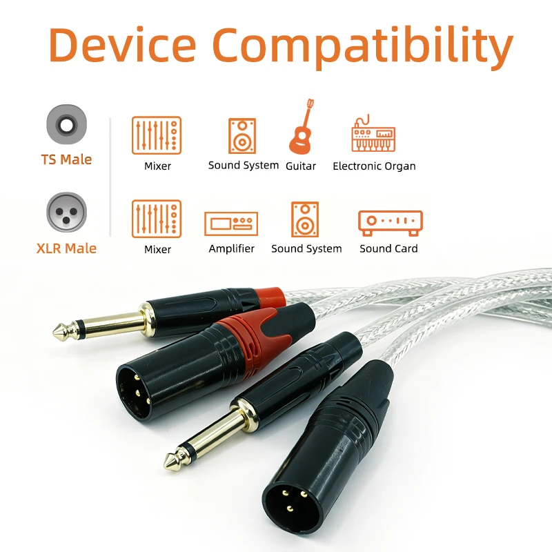 Hi-Res 2-Pack 6.35mm TS to XLR Male Cable Silver Braided Gold Plated for Guitar/Amp/Mic/Monitor