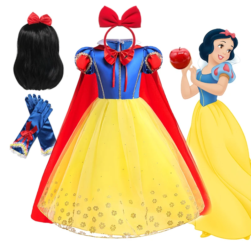 Disney Snow White Princess Dress para meninas, traje cosplay, manga folhada com capa, Halloween, festa de carnaval, vestido de aniversário infantil