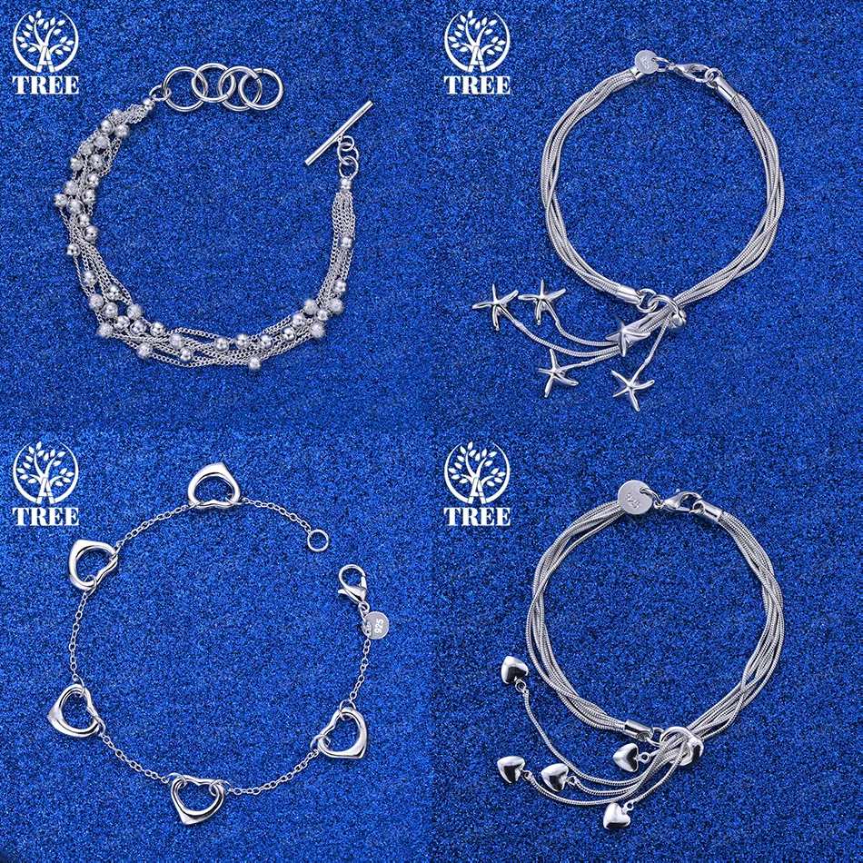 

Fine Christmas Gift 925 Sterling Silver Heart Starfish Multi-Bead Chain Bracelets Women's Party Fashion Cute Jewelry Accessories