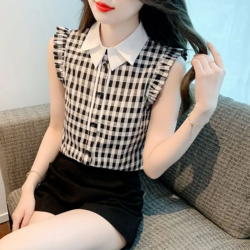 Women's Clothing Ruffle Classic Plaid Print Chic Elegant Button Up Shirt Summer Trendy French Style Sweet Sleeveless Slim Blouse