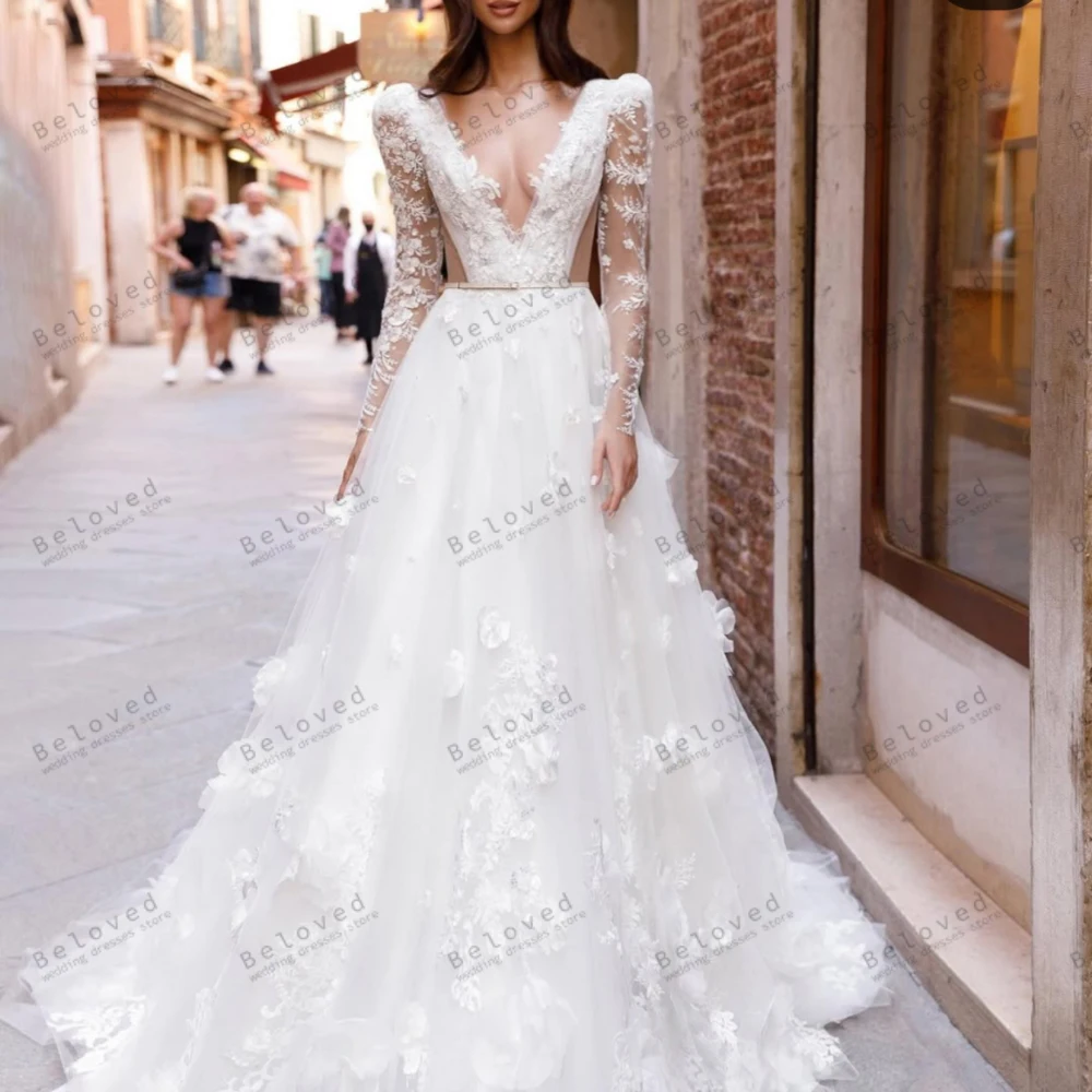 Lindo vestidos de casamento glamourosa vestidos de noiva rendas apliques mangas completas decote em v profundo robes vestidos de novia personalizado 2025