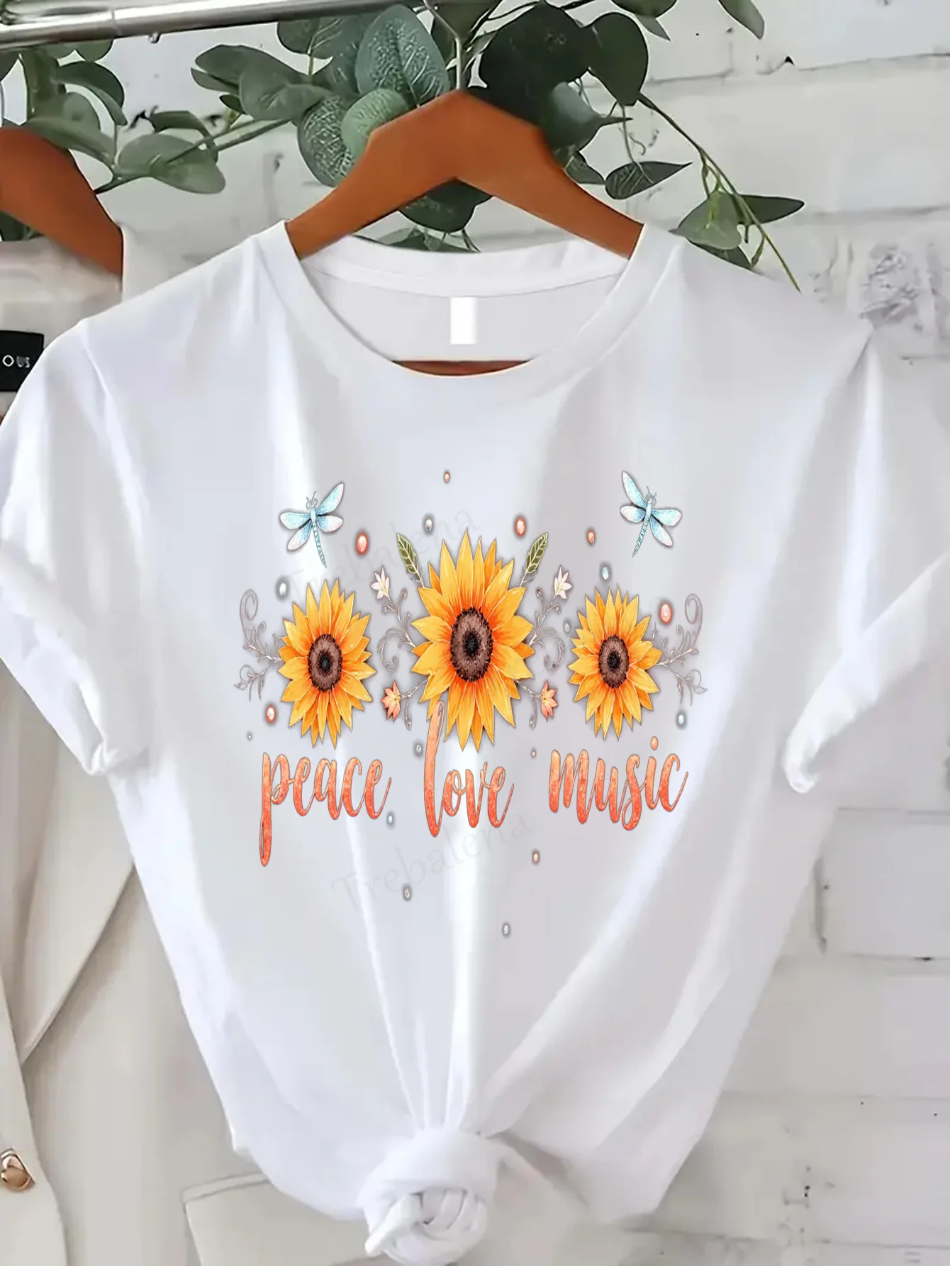 

Удобная женская футболка с принтом Peace Love Music, женская футболка с подсолнухом, повседневная летняя футболка