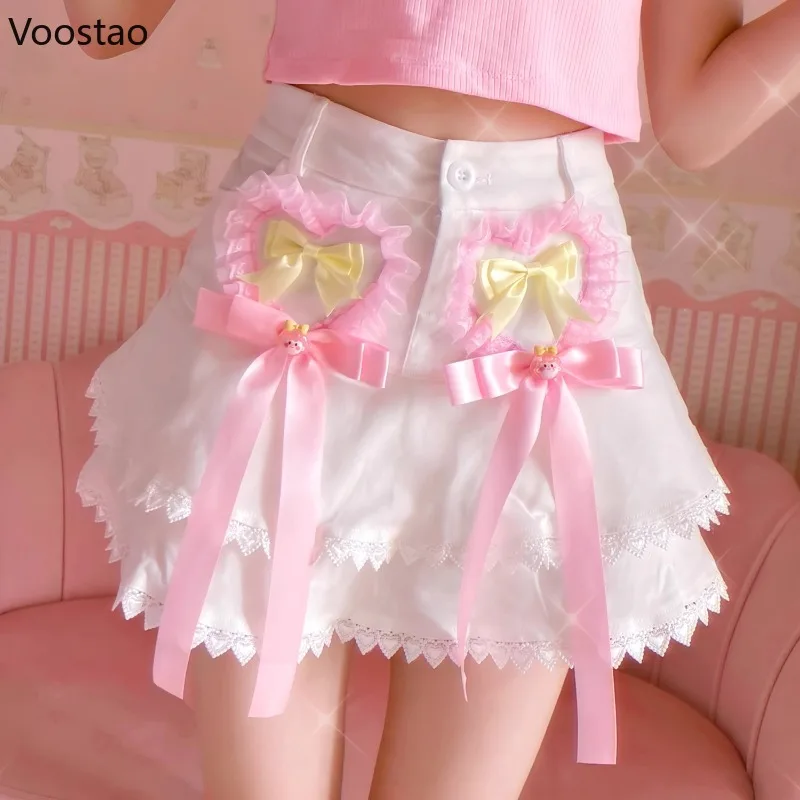 

Summer Sweet Lolita Style Mini Skirt Women Cute Lace Ruffles Cartoon Bow Party Short Skirts Girls Kawaii A-Line Tiered Skirt