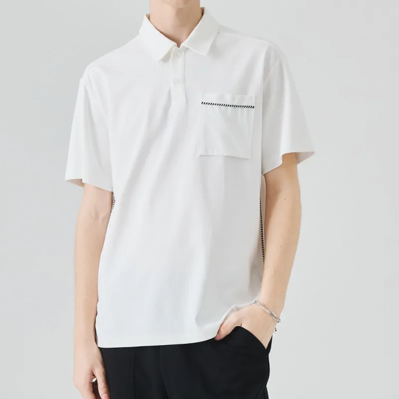 Men's summer fashion versatile high-end loose collar business light mature casual splicing short sleeved polo shirt T-shirt top