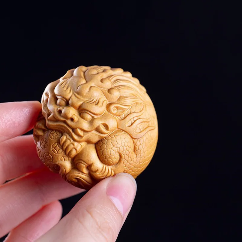 Chinese Traditional Boxwood Carved Pi Xiu Ball Statue Pendant Amulet Decor