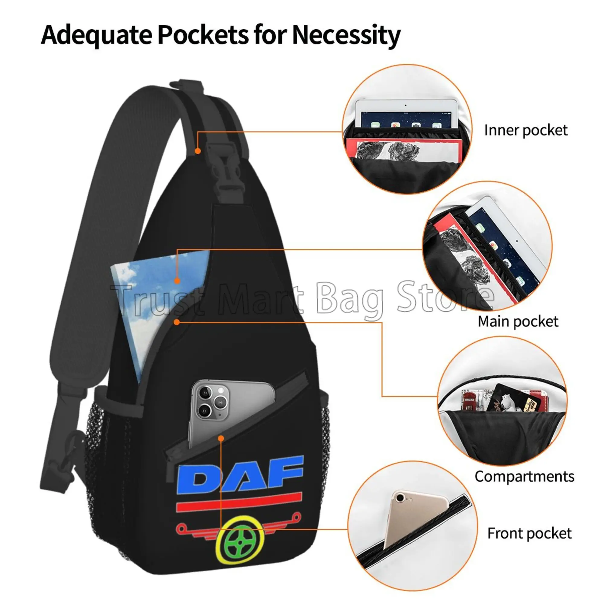 Daf Logo Print Borst Tassen Crossbody Sling Bag Reizen Wandelrugzak Casual One Shoulder Dagpack Voor Dames Heren Buitensporten