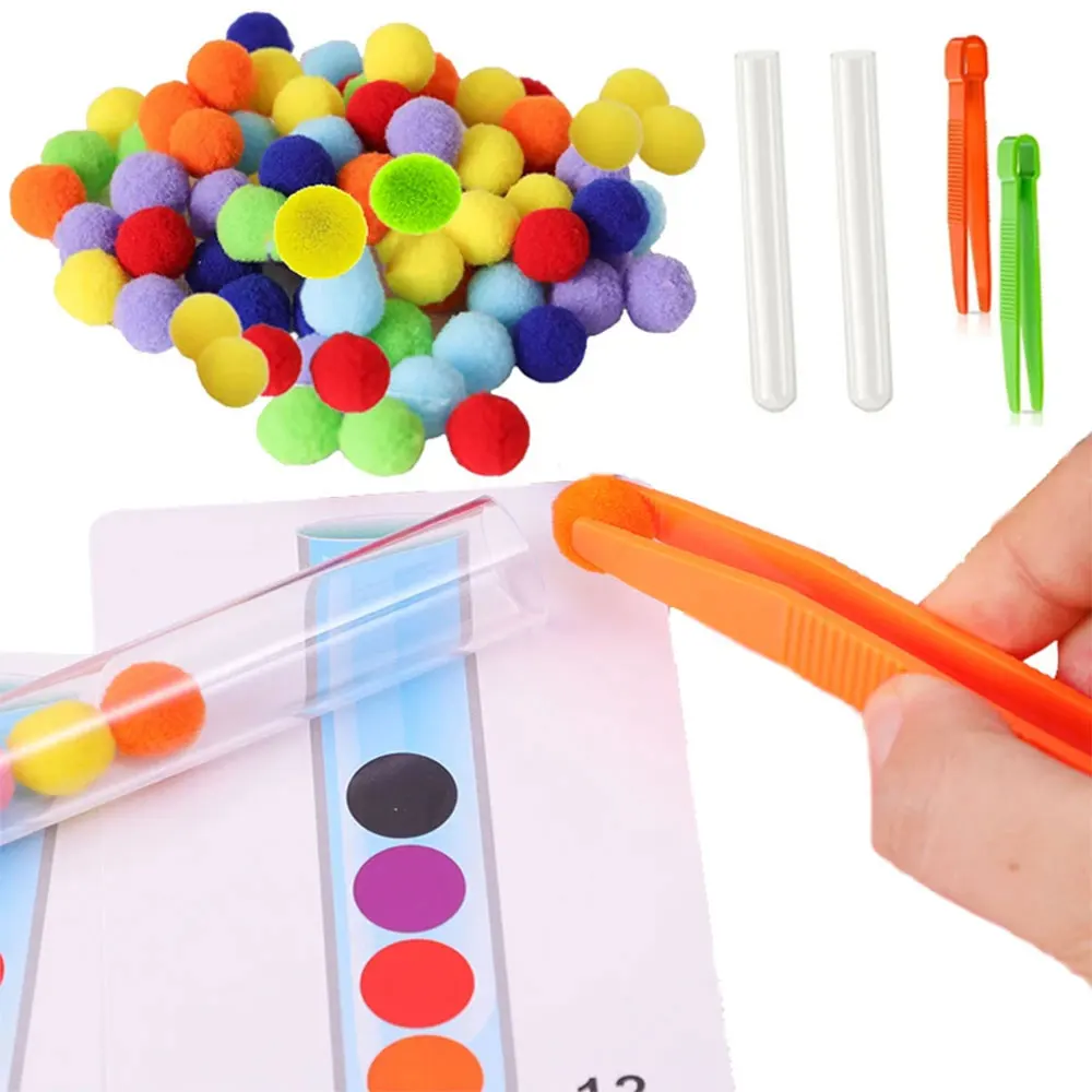 109Pcs Children\'s Educational Toy Test Tube Pompoms Tweezers Color Matching Card Fine Movement Sorting Set Montessori  Gift