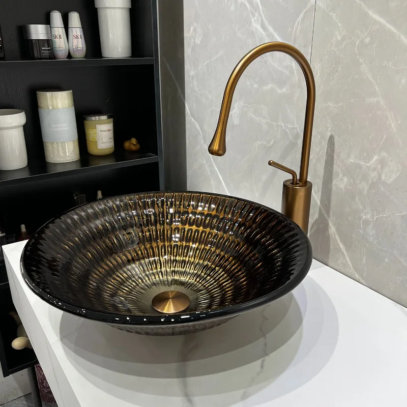 Tempered glass round table basin retro texture high-end basin handmade hot melt wash basin